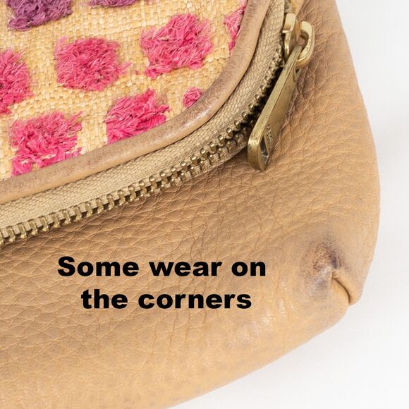 Fossil Purse Preston Leather Straw Fold-Over Pouch with Wristlet Tan Pink Purple - Picture 7 of 16